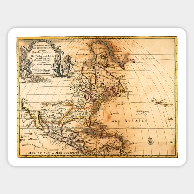 Antique Map of North America with Greenland by Pieter van der Aa Sticker by MasterpieceCafe